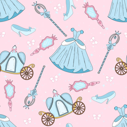 Seamless fairytale pattern with blue princess dresses, pumpkin carriages, glass slippers, and wands on pink.