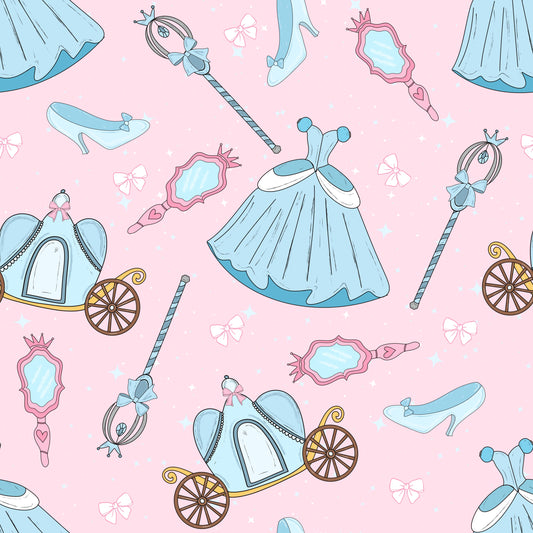 Seamless fairytale pattern with blue princess dresses, pumpkin carriages, glass slippers, and wands on pink.