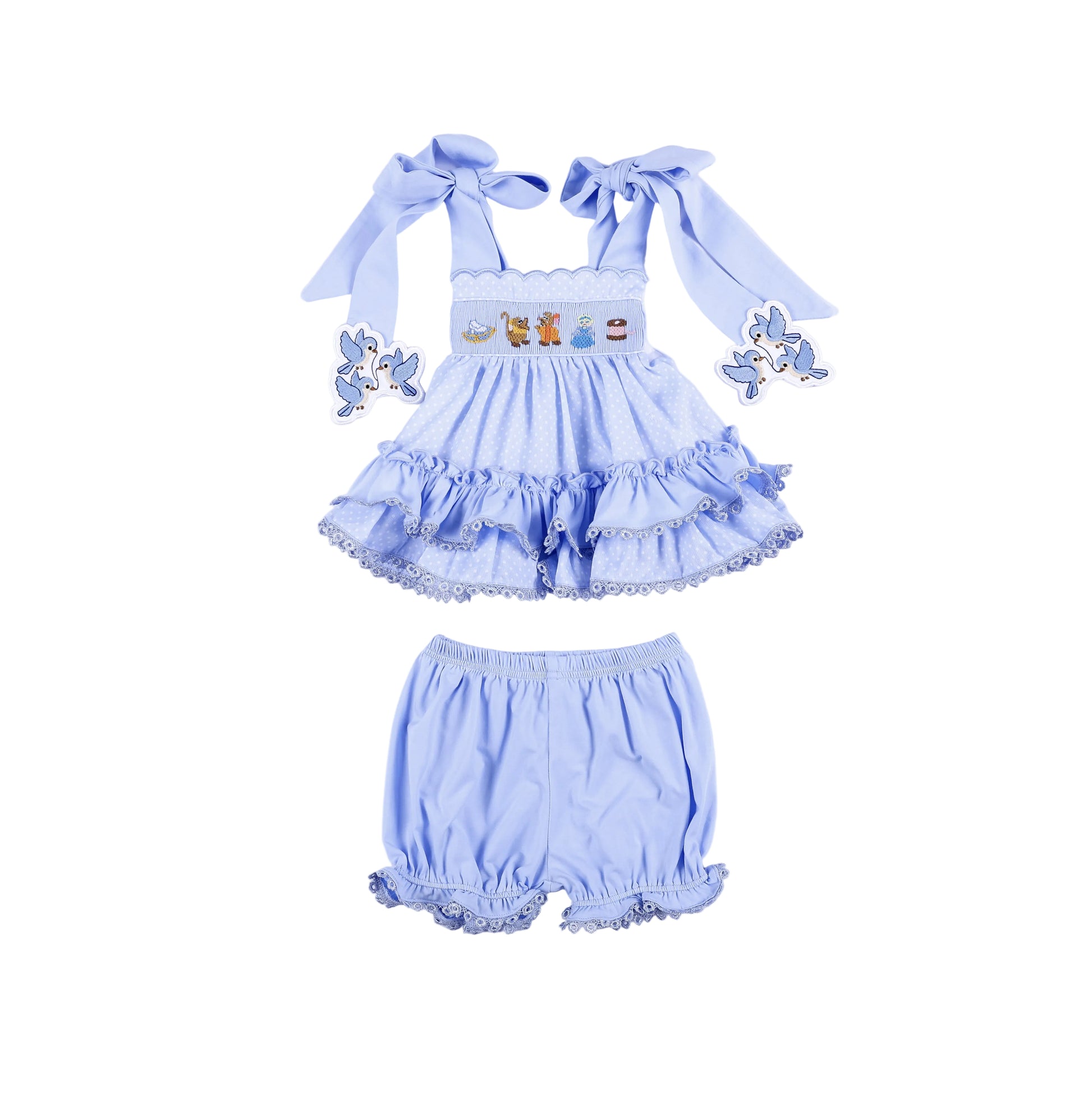 Cinderella-inspired hand smocked blue ruffle top and matching bloomer set for toddlers with embroidered bird straps.