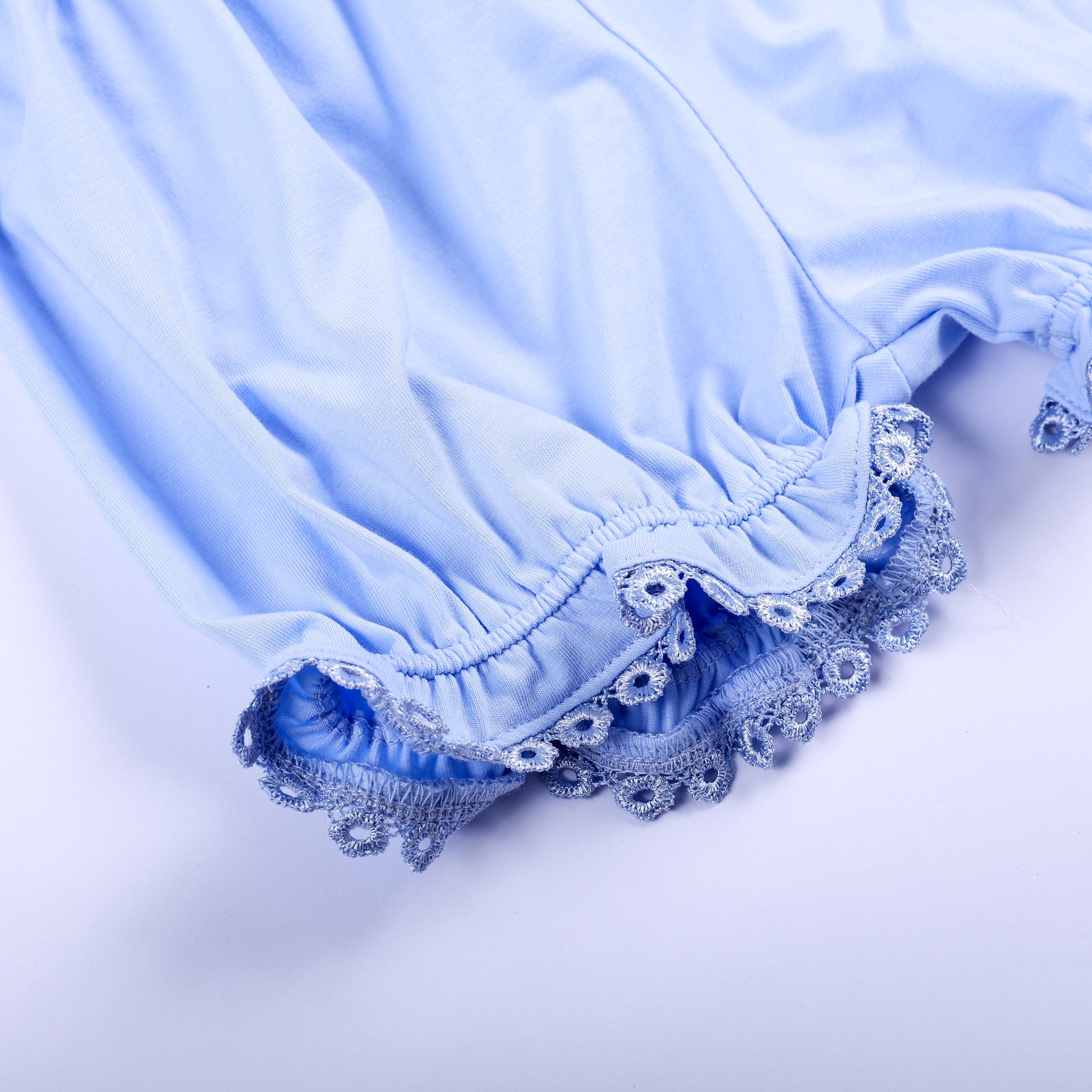 Close-up detail of blue scalloped lace trim on elastic leg openings of girls smocked bloomer shorts set.