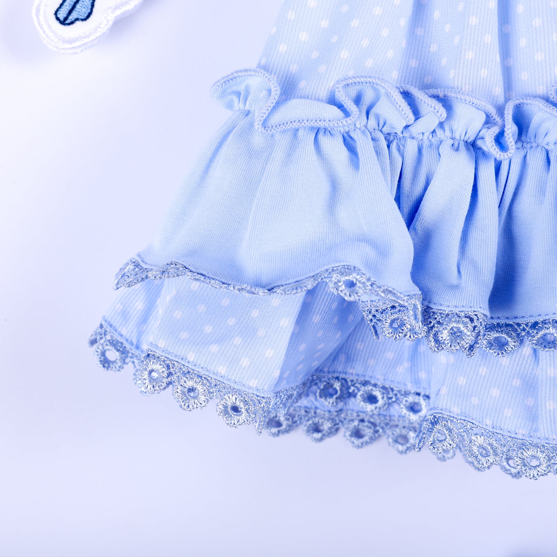 Close-up of tiered ruffle hem with blue lace edging on polka dot Cinderella smocked top for toddlers.