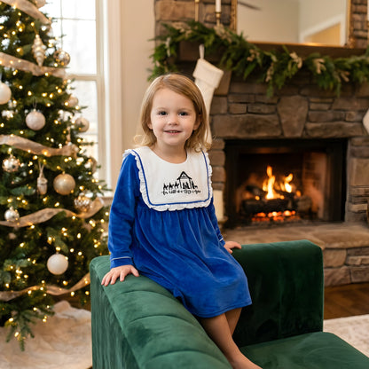 For Unto Us A Child Is Born - Nativity - Velour Blue Christmas Dress