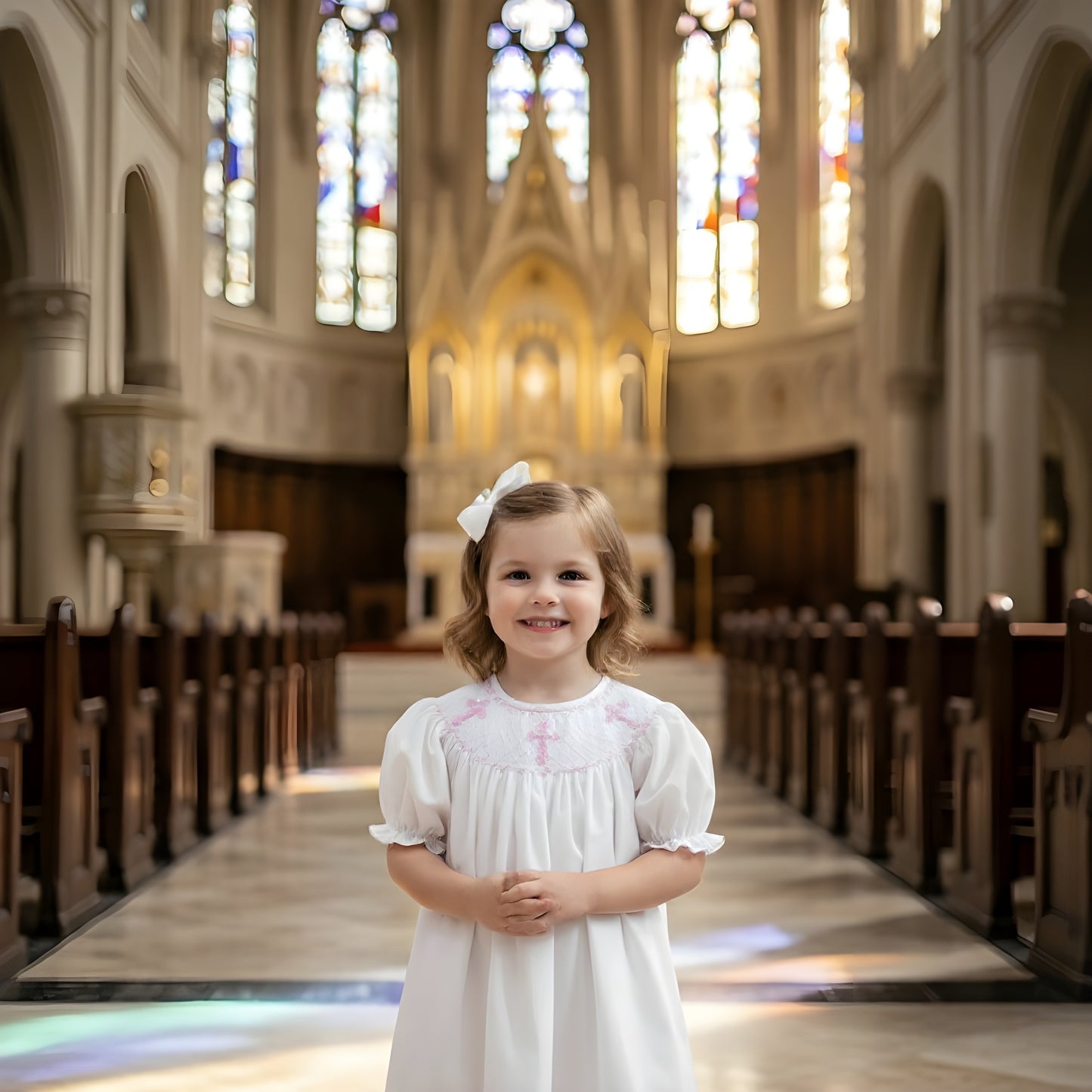 SUNDAY BEST - HANDSMOCKED PINK HAND EMBROIDERED CROSSES DRESS