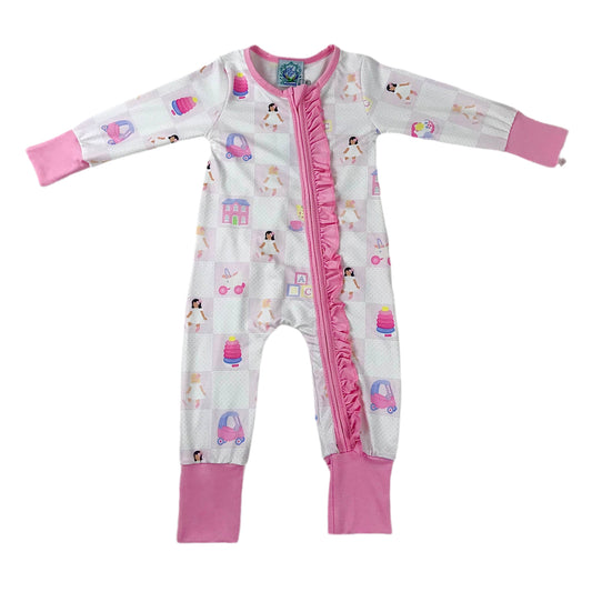 Dolly and Me exclusive print baby girl loungewear zippy with pink ruffle zipper and convertible fold-over footie covers.