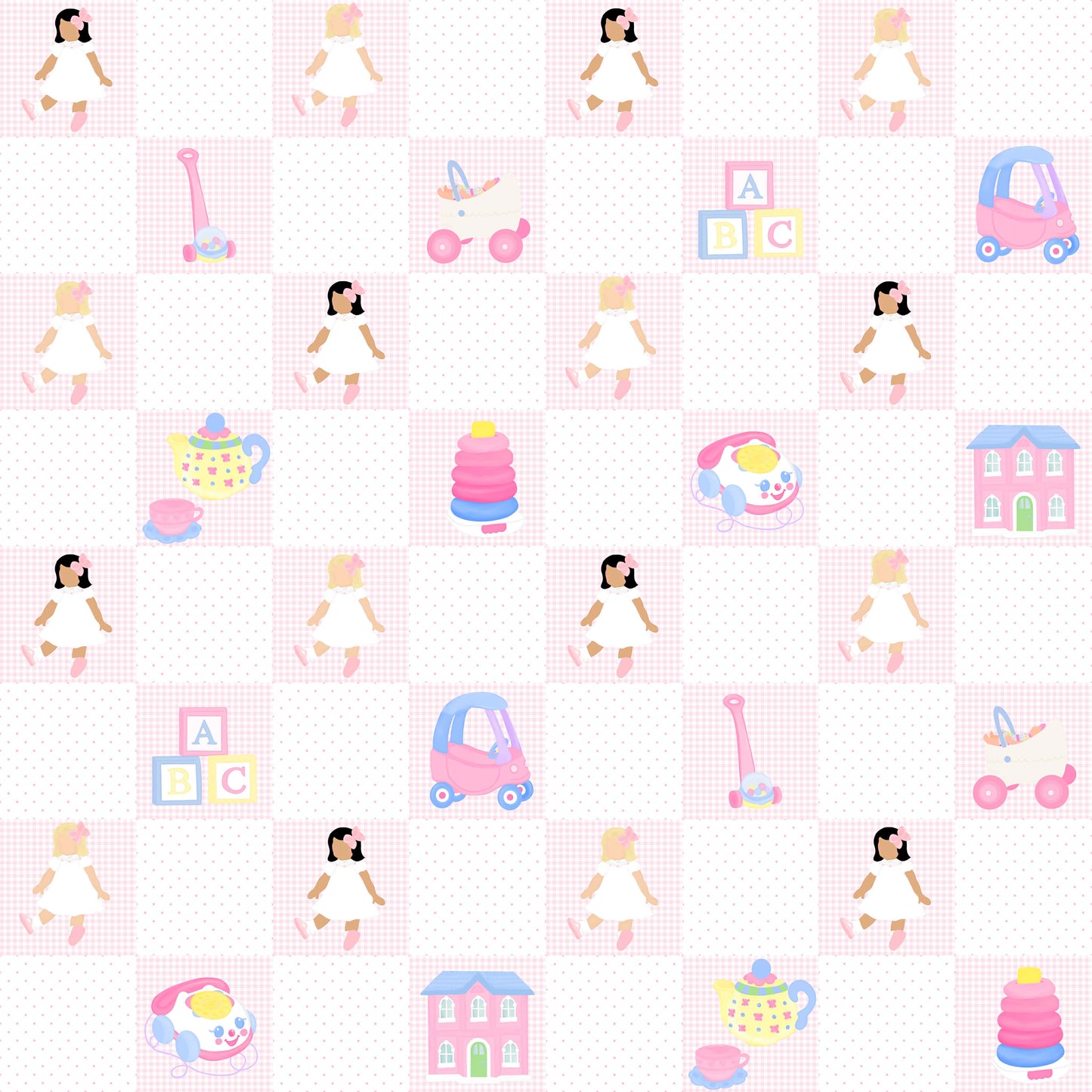Close-up fabric print for Dolly and Me nightgown featuring cute dolls, tea sets, toy cars, and blocks on pink grid.