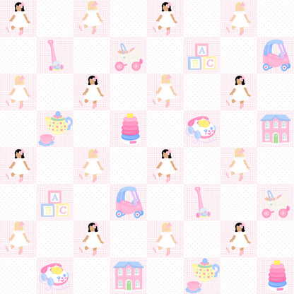 Close-up fabric print for Dolly and Me nightgown featuring cute dolls, tea sets, toy cars, and blocks on pink grid.