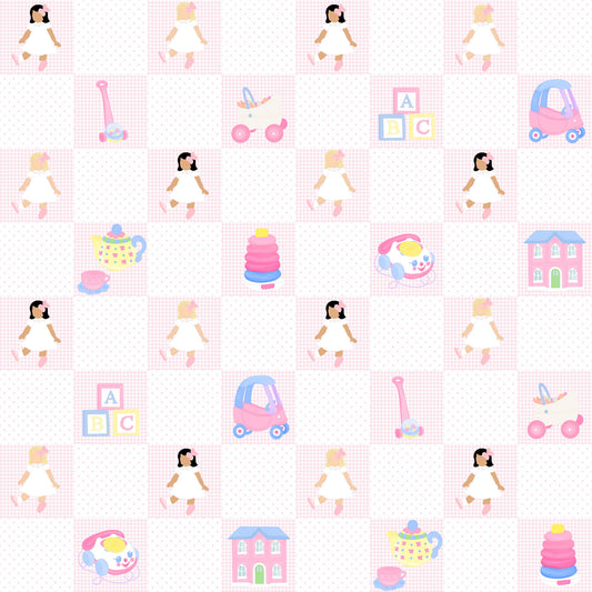 Close-up fabric print for Dolly and Me nightgown featuring cute dolls, tea sets, toy cars, and blocks on pink grid.