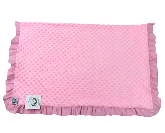 Soft pink minky dot backing with ruffled trim on the Dolly and Me exclusive print baby blanket, size 30x40 inches.