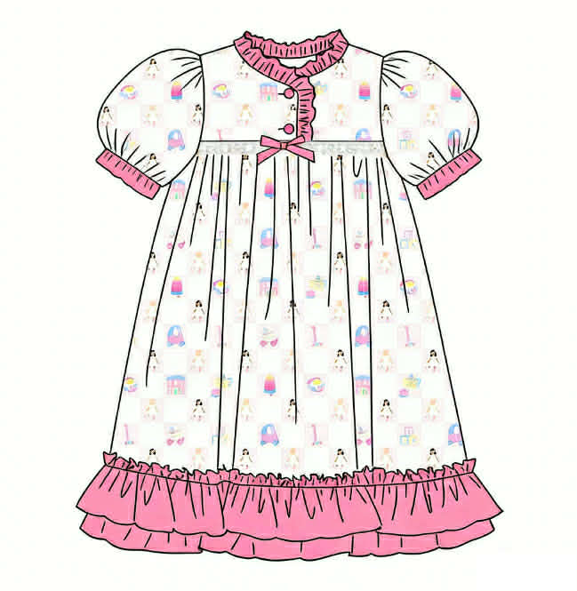 Dolly and Me exclusive print girls short sleeve nightgown featuring pink ruffle accent and vintage toy illustrations.
