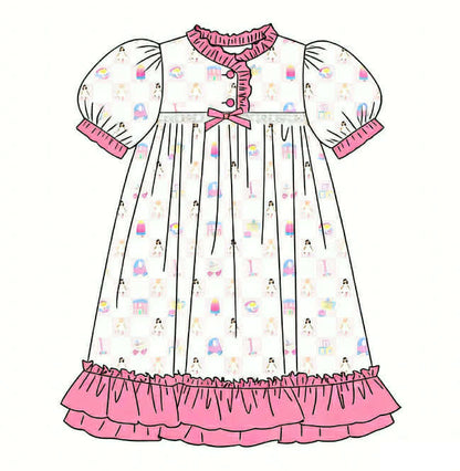 Dolly and Me exclusive print girls short sleeve nightgown featuring pink ruffle accent and vintage toy illustrations.