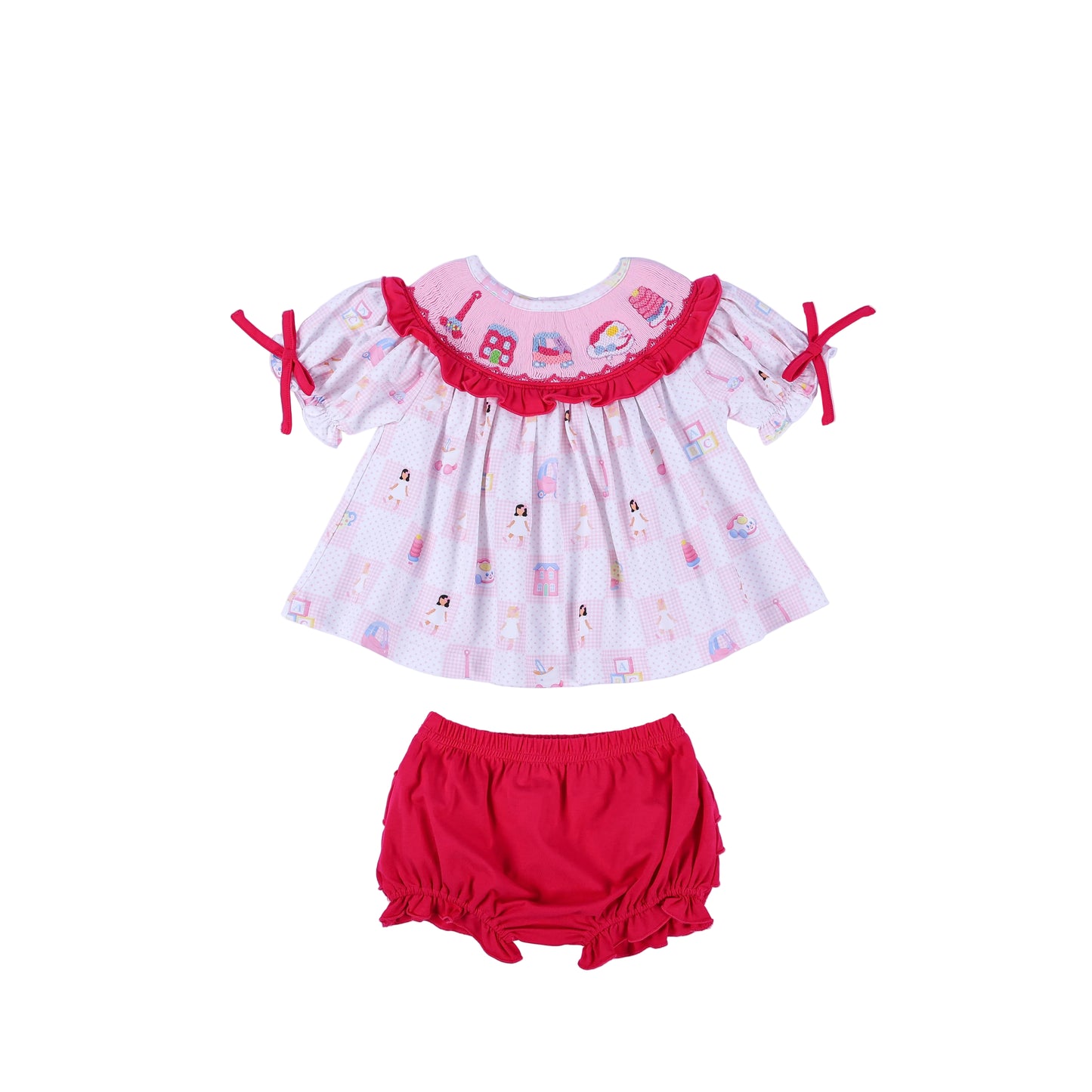 Dolly & Me pink checkerboard vintage toys hand smocked tunic top and dark pink ruffled bloomer set, full front view.
