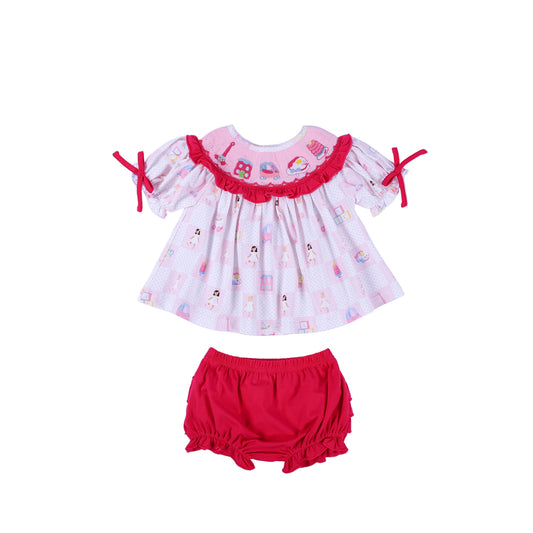 Dolly & Me pink checkerboard vintage toys hand smocked tunic top and dark pink ruffled bloomer set, full front view.