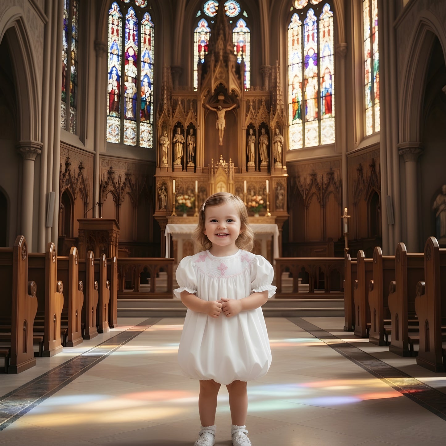 SUNDAY BEST - HAND SMOCKED PINK HAND EMBROIDERED CROSSES GIRL BUBBLE WITH 360 EMBROIDERY