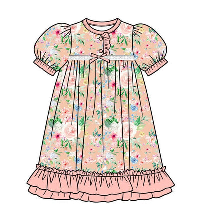 Toddler Girls Vintage Peach Floral Bamboo Ruffle Nightgown