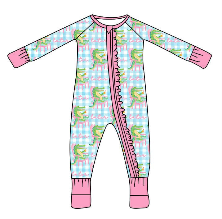 Pink Gingham Alligator Ruffle Bamboo Zippy Sleeper