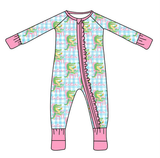 Pink Gingham Alligator Ruffle Bamboo Zippy Sleeper