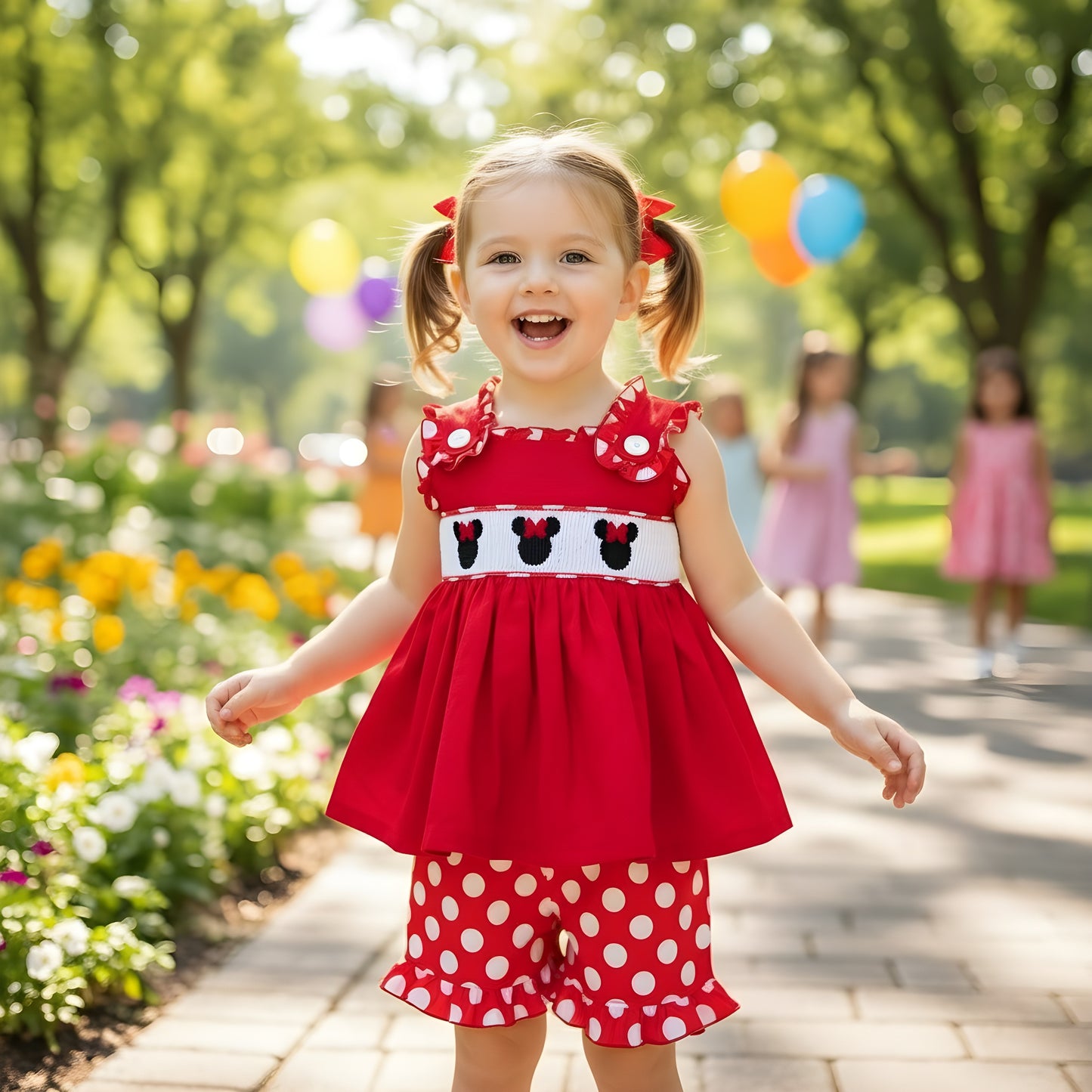 MAGICAL BOW MOUSE - RED POLKA DOT SHORTS SET - HAND SMOCKED
