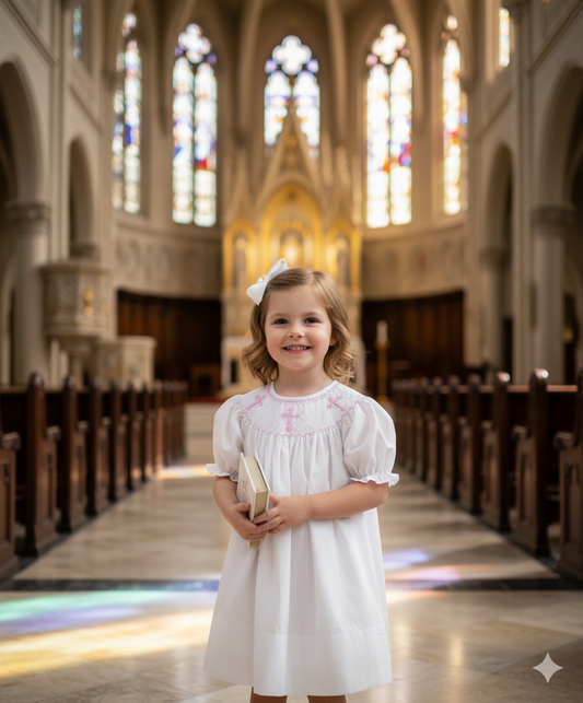 SUNDAY BEST - HANDSMOCKED PINK HAND EMBROIDERED CROSSES DRESS