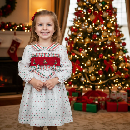 GIRLS HAND SMOCKED SWISS DOT CHRISTMAS TREE DRESS