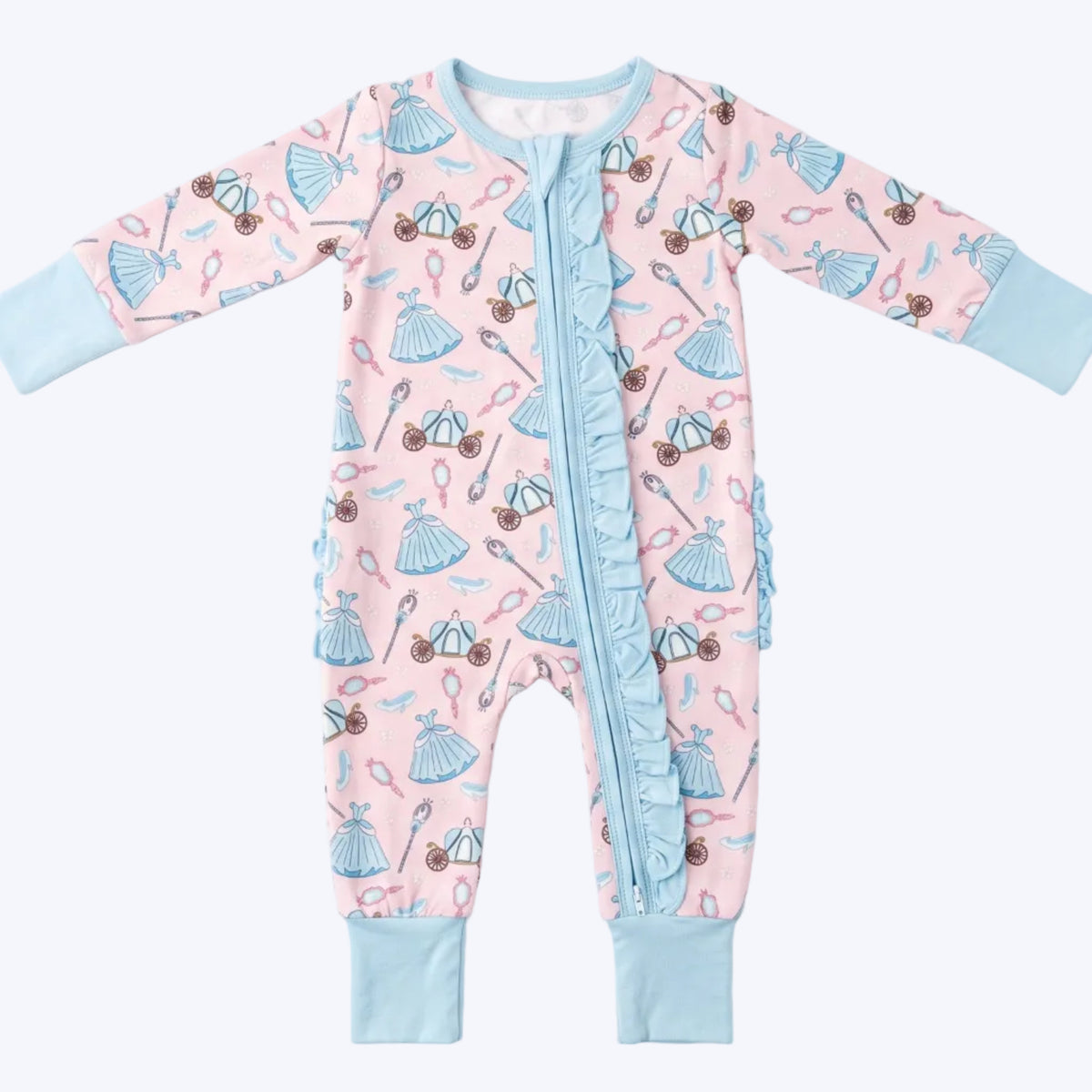 Fairytale Princess bamboo ruffle zippy in pink with carriage print and light blue trim.