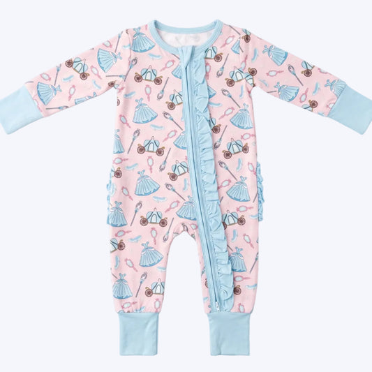Fairytale Princess bamboo ruffle zippy in pink with carriage print and light blue trim.