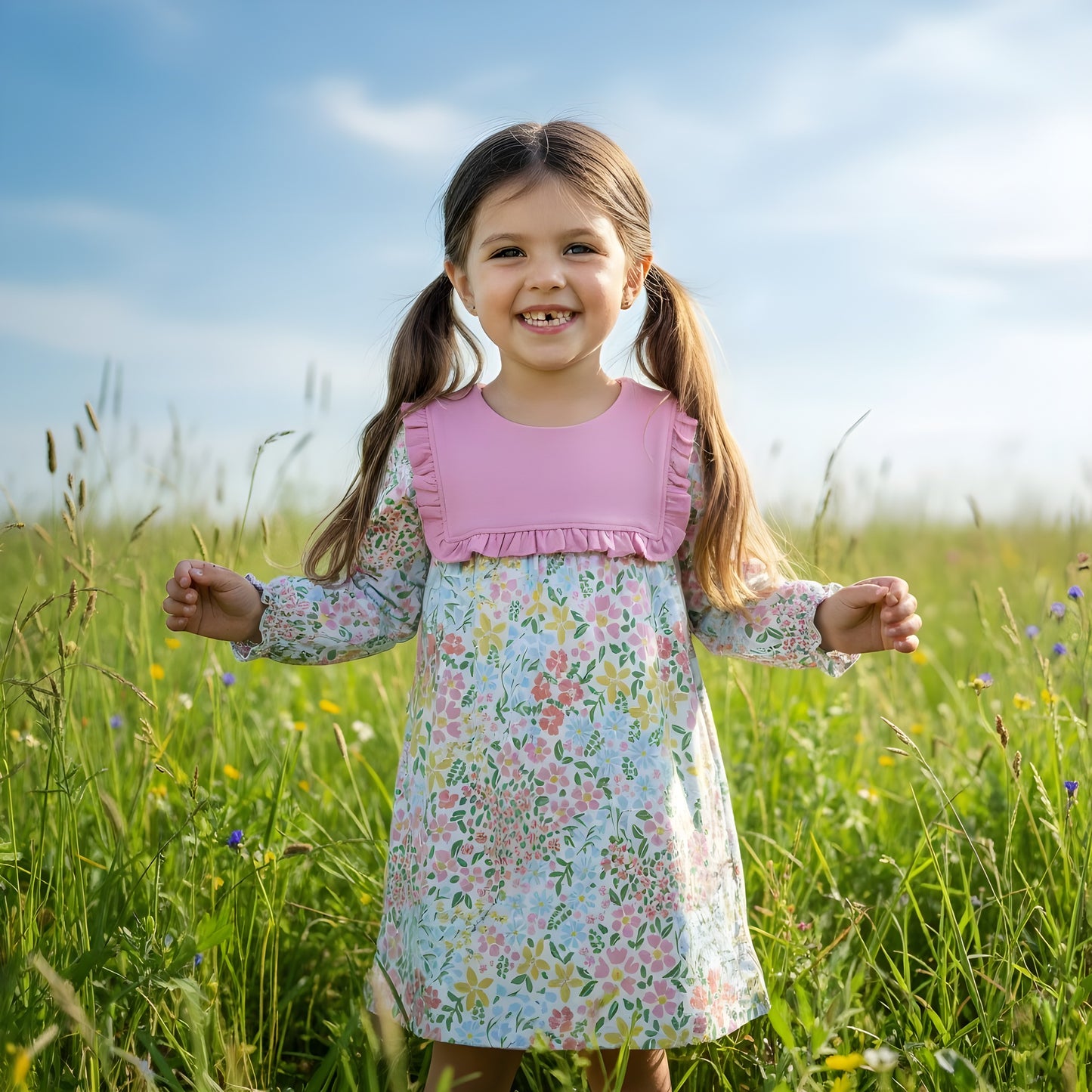 Evelyn Floral Long Sleeve Dress With Bib