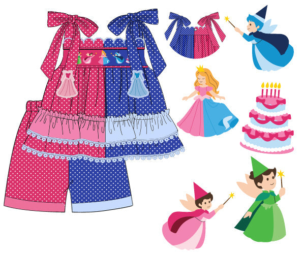 Hand-smocked girls pink and blue polka dot short set with Sleeping Beauty princess and fairy embroidery.
