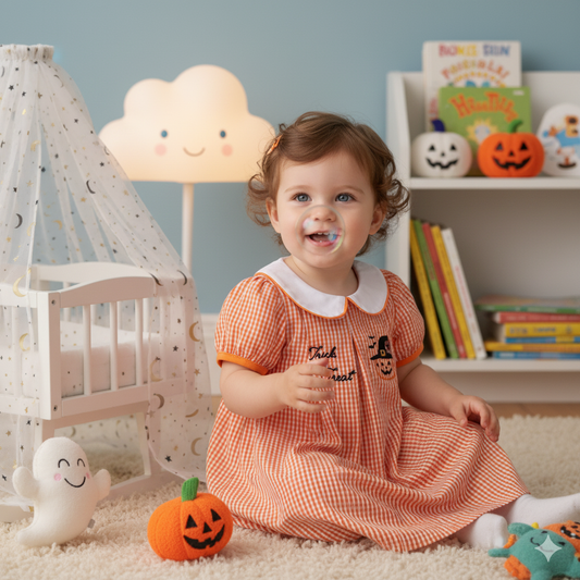 HALLOWEEN ORANGE GINGHAM EMBROIDERY DRESS