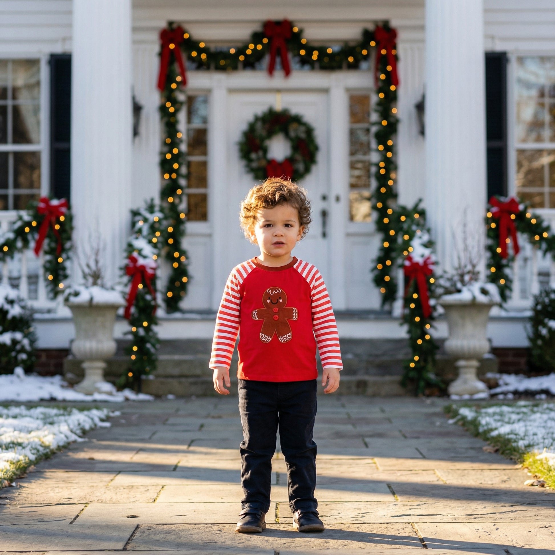 Red long sleeve shirt with gingerbread applique and candy cane striped sleeves.