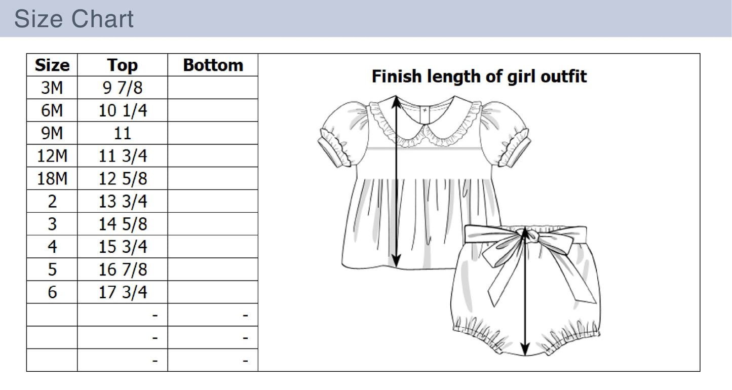 Size chart for girls' outfits with top and bottom measurements and a diagram of an outfit.