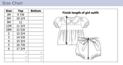Size chart for girls' outfits with top and bottom measurements and a diagram of an outfit.