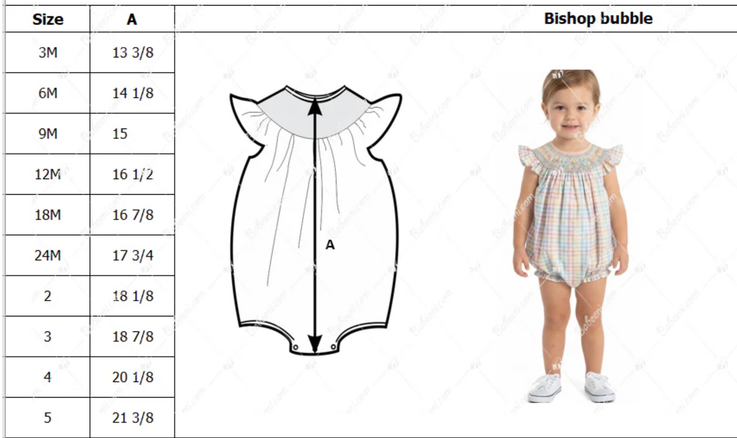 Baby romper size chart with a child wearing the Bishop bubble romper.