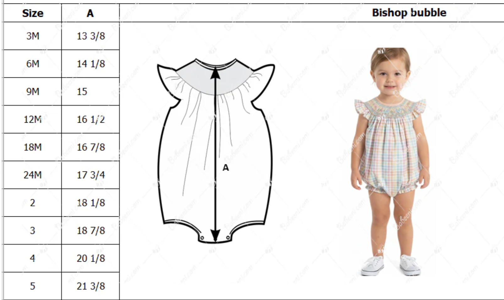 Baby romper size chart with a child wearing the Bishop bubble romper.