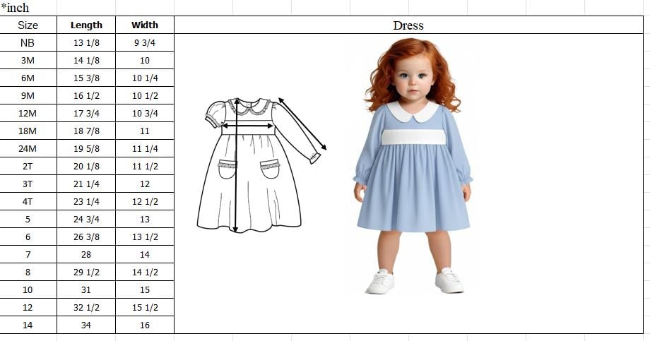 Child wearing a light blue dress with a size chart on the left side.