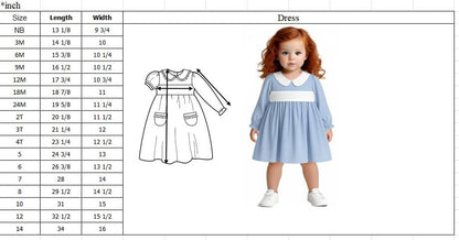 Child wearing a light blue dress with a size chart on the left side.