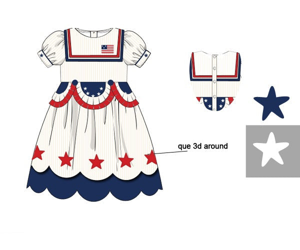 Hand-embroidered girls patriotic dress featuring American flag bunting waist and red 3D stars on a scalloped hem.