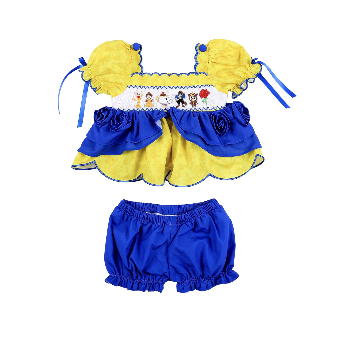 Girls yellow and blue smocked bloomer set featuring hand-embroidered fairytale character top and matching shorts.