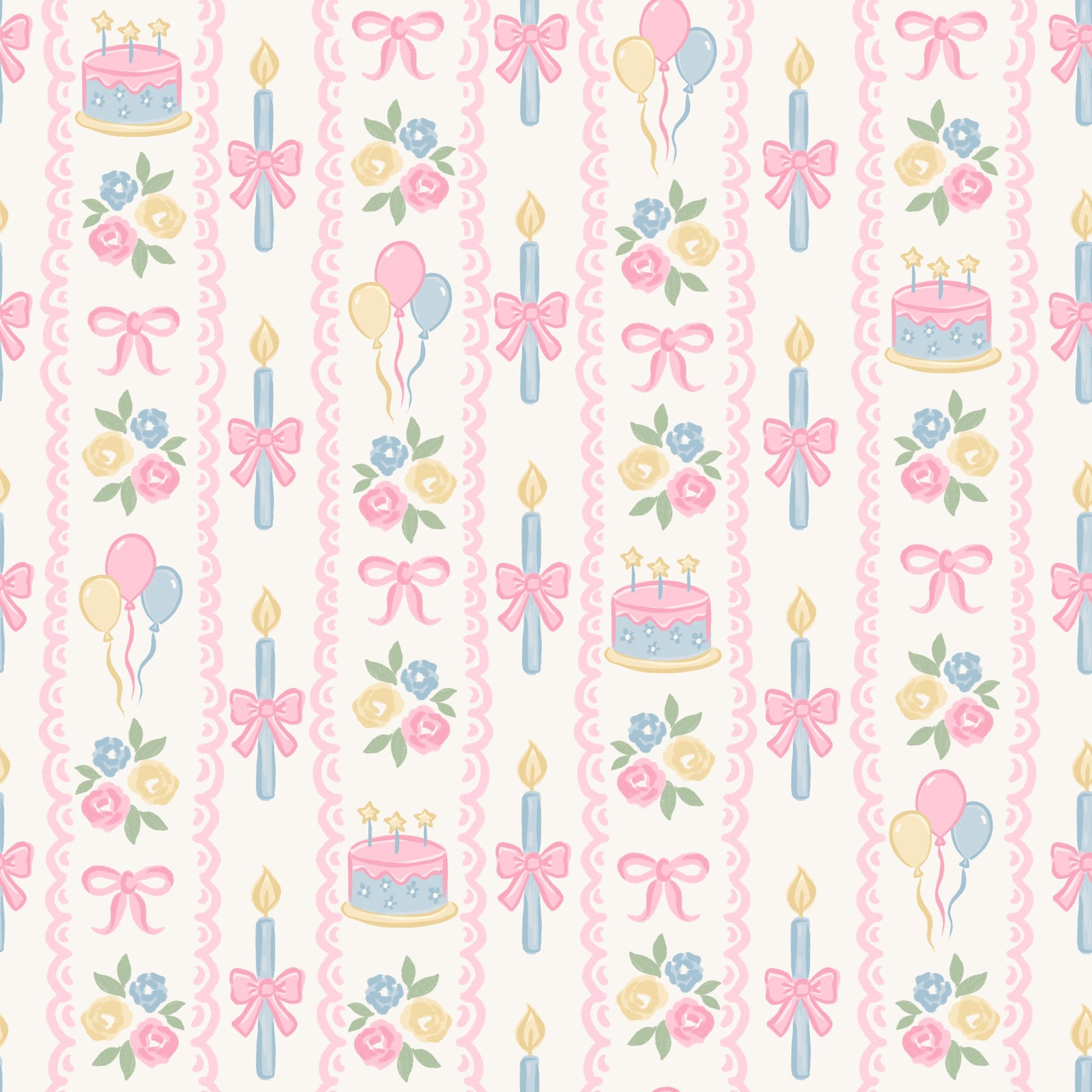 Pastel seamless print pattern featuring birthday cakes, candles with bows, balloons, and floral bouquets