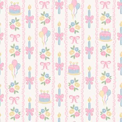 Pastel seamless print pattern featuring birthday cakes, candles with bows, balloons, and floral bouquets