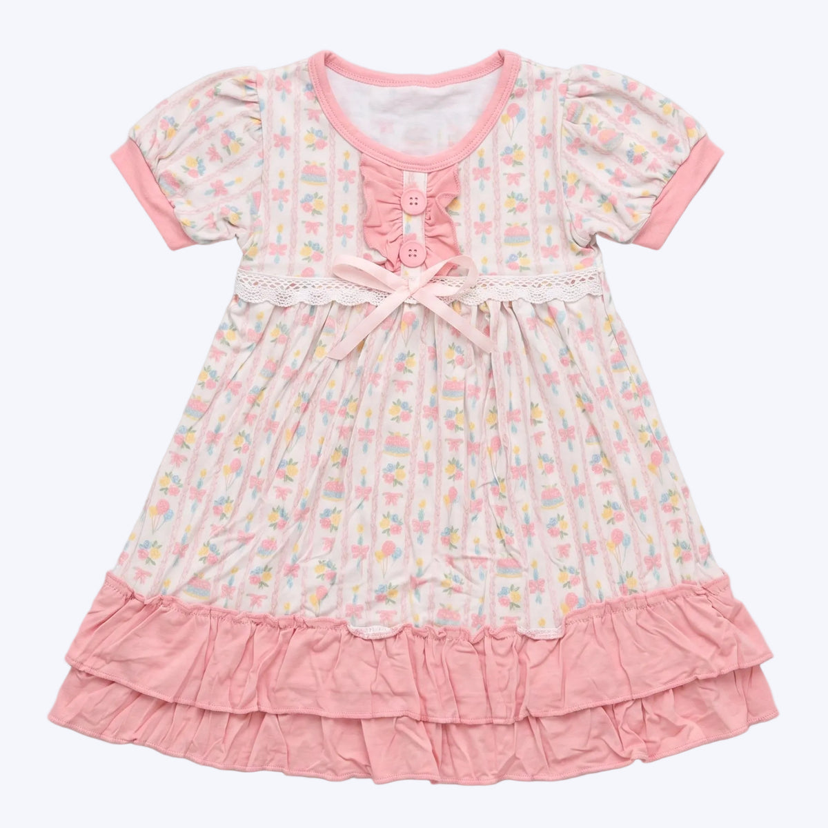 Girls pink birthday celebration bamboo viscose short sleeve ruffle nightgown studio flat lay