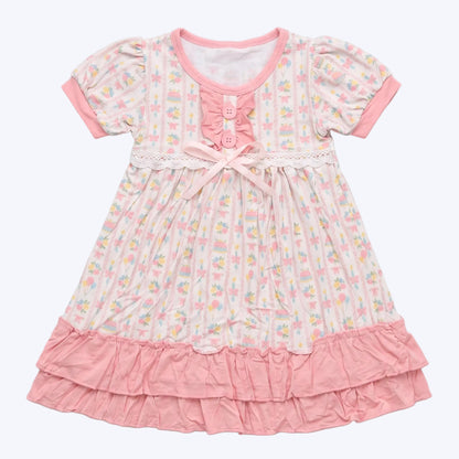 Girls pink birthday celebration bamboo viscose short sleeve ruffle nightgown studio flat lay