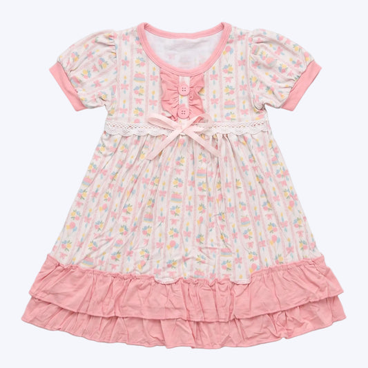 Girls pink birthday celebration bamboo viscose short sleeve ruffle nightgown studio flat lay
