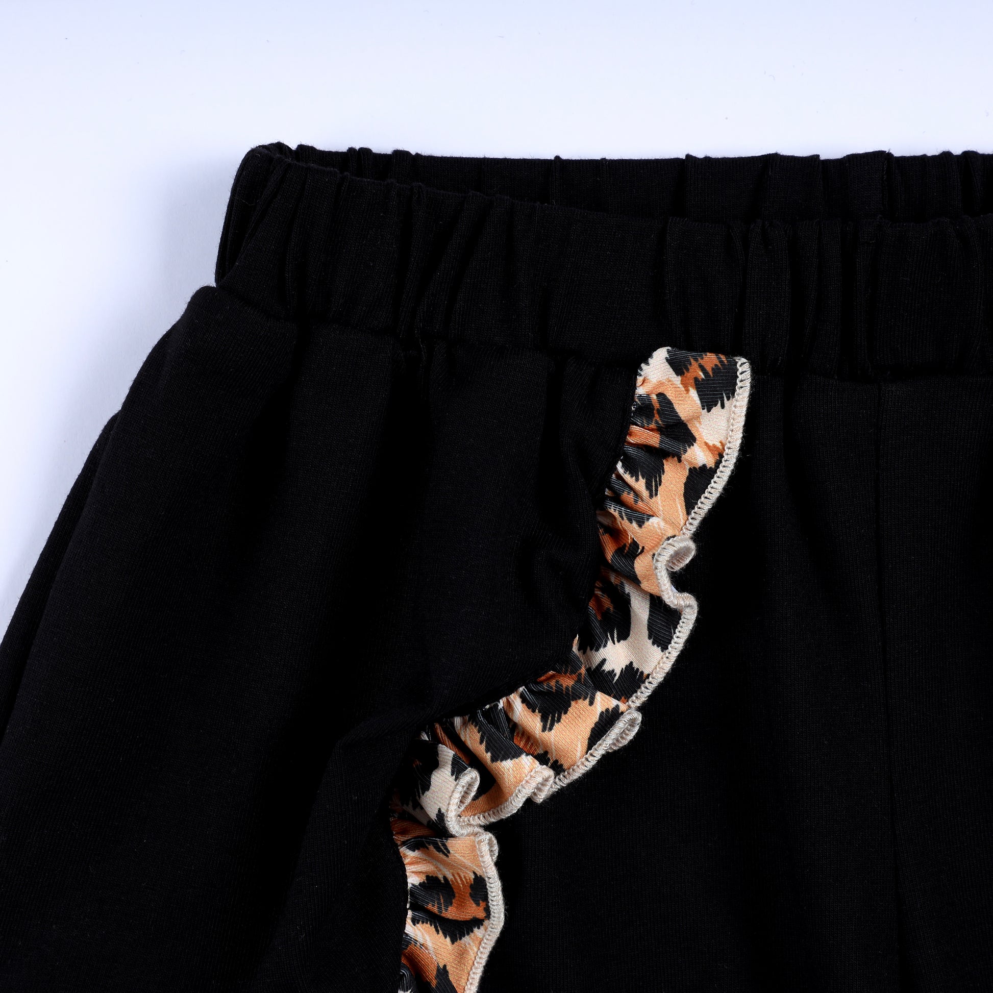 Close-up of elastic waistband and leopard print ruffle accent on toddler girls black smocked shorts.
