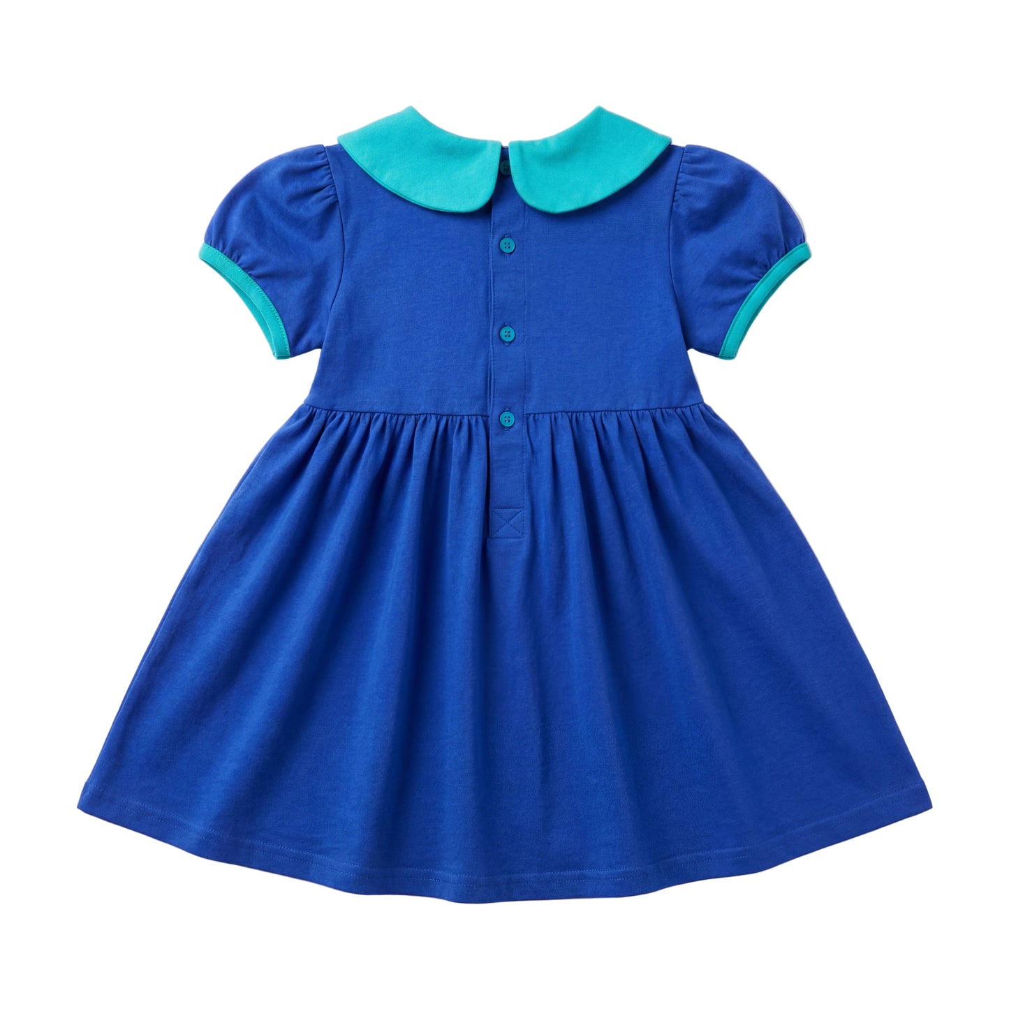 Back view of girls royal blue short-sleeve dress with a teal collar and button closure.