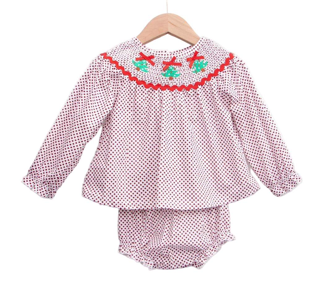 Girls Christmas smocked bloomer set featuring red polka dots and festive green tree embroidery on the neckline.