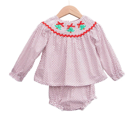 Girls Christmas smocked bloomer set featuring red polka dots and festive green tree embroidery on the neckline.