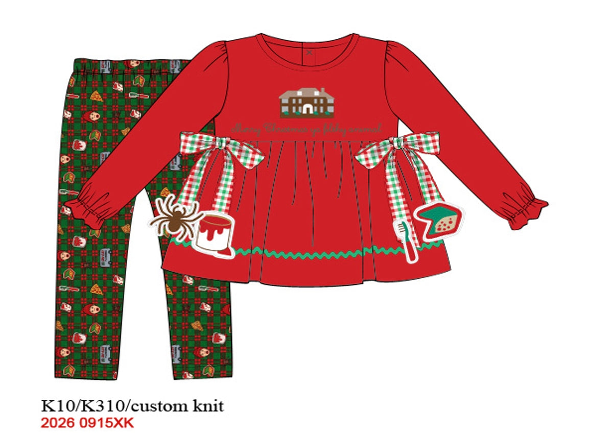 Girls red embroidered Christmas movie tunic and green plaid leggings set featuring house motif and bows