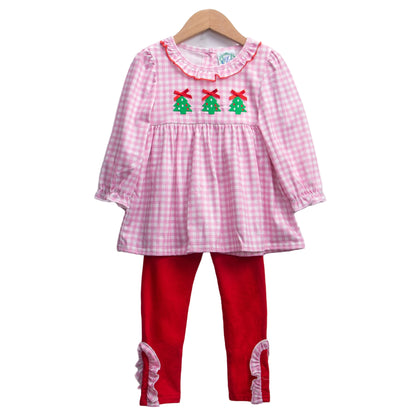 Girls' pink gingham top with three embroidered Christmas trees and red ruffle pants from the Embroidered Christmas Tree Trio set.