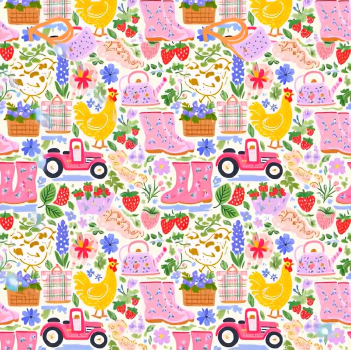 Whimsical farm pattern swatch with pink trucks, yellow chickens, strawberries, and rain boots.