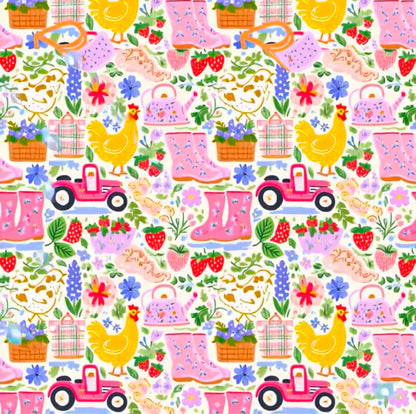 Whimsical farm pattern swatch with pink trucks, yellow chickens, strawberries, and rain boots.